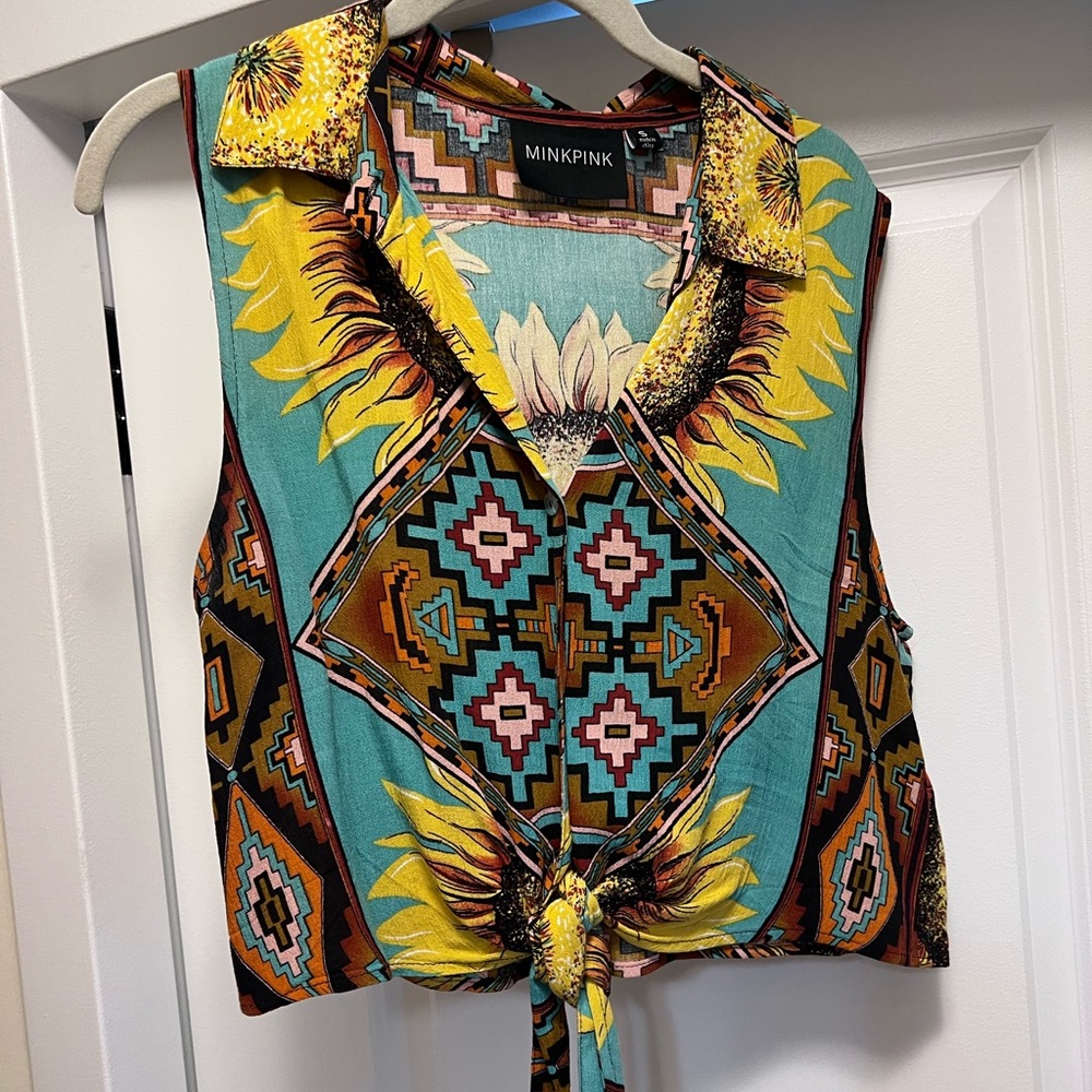 MINKPINK ashbury sunflower crop collared tie womens shirt size S